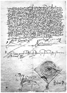 A signed copy of the Alhambra Decree, ordering the expulsion of Jews from Spain. (Wikipedia)