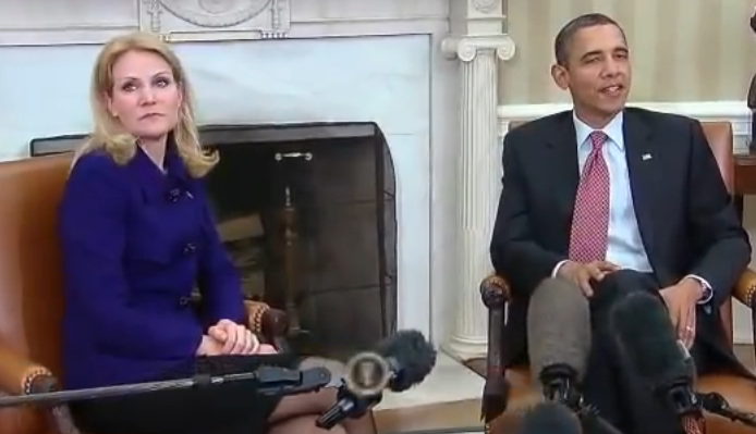 Danish Prime Minister Helle Thorning-Schmidt in a bilateral meeting with US President Barack Obama. (Photo: Youtube screenshot)