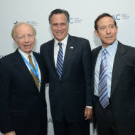 L-R: Joe Lieberman, Mitt Romney, and Adam Milstein in 2014.