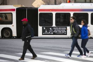 An ad from the pro-Israel American Freedom Defense Initiative is seen on an articulated Southeastern Pennsylvania Transportation Authority (SEPTA) bus featuring a 1941 photograph of Hitler and supporter Hajj Amin al-Husseini