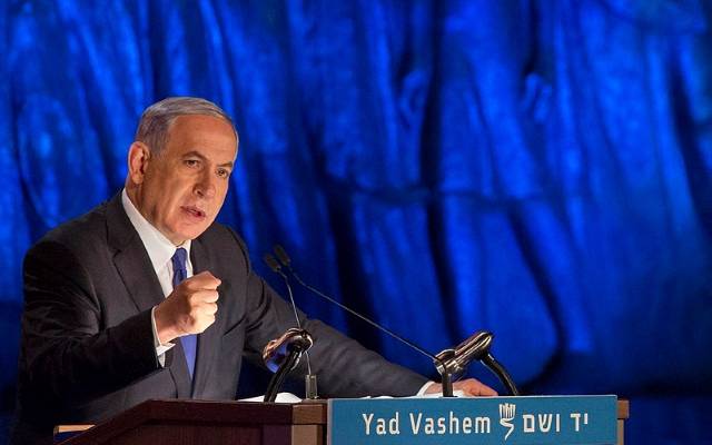PM Netanyahu speaks at at the Yad Vashem. (Yonatan Sindel/Flash90)