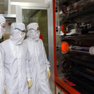 Scientists in the clean room of the intel factory in Jerusalem