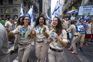 A delegation of Israeli scouts marching at the parade. (AP/Craig Ruttle)