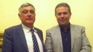 Ambassador Haim Korem (L) posted a photo with Egyptian lawmaker Tawfiq Okasha on the embassy website. (Twitter)