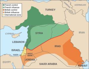 Map of the 1916 Sykes-Picot agreement.